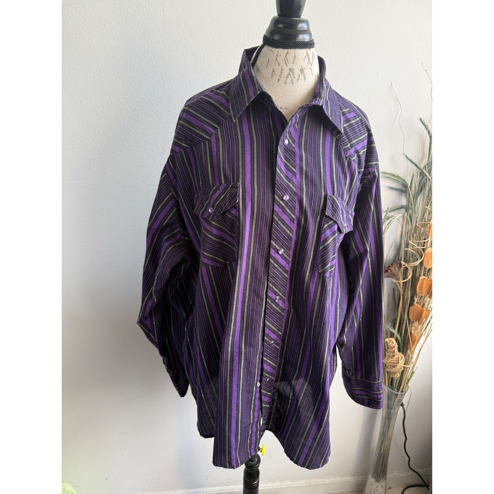 Wrangler Western Fashion Snap Shirt Mens 2XL Purple Black Metallic Stripe